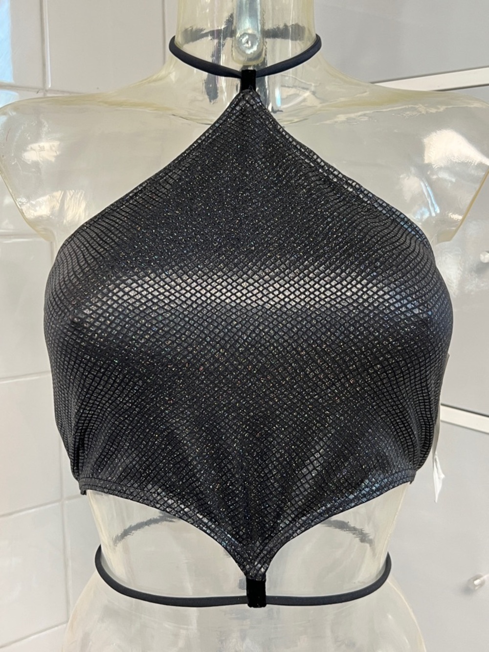 Diamond Reptilian Holo Glitter Bondage Halter Bra L NWT